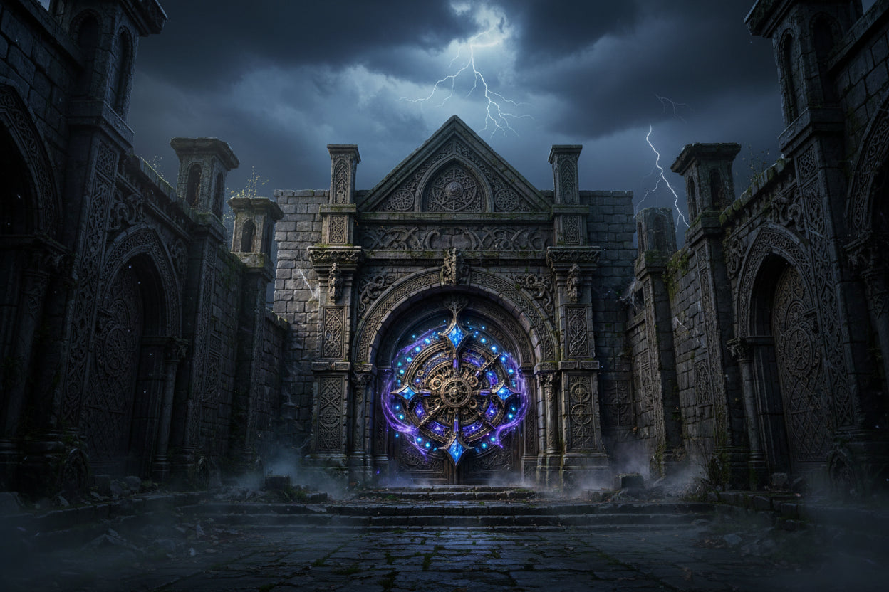 A fantasy stone archway with an ornate circular portal design in glowing blue and purple light, set within a ruined stone building.